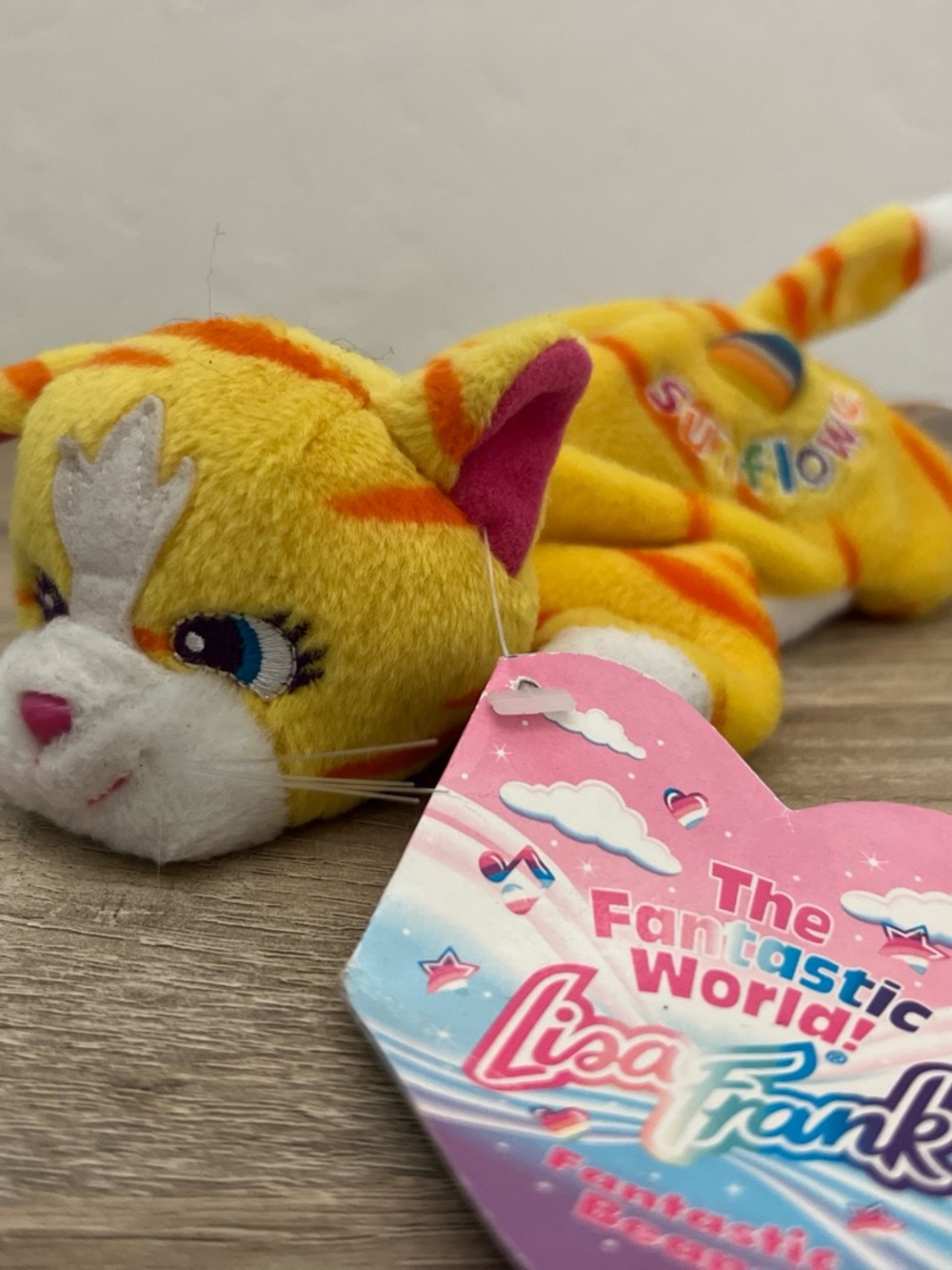 NWT Lisa Frank Cat Kitten Sunflower Yellow Plush Beanie Vintage w/ Tag 8”
